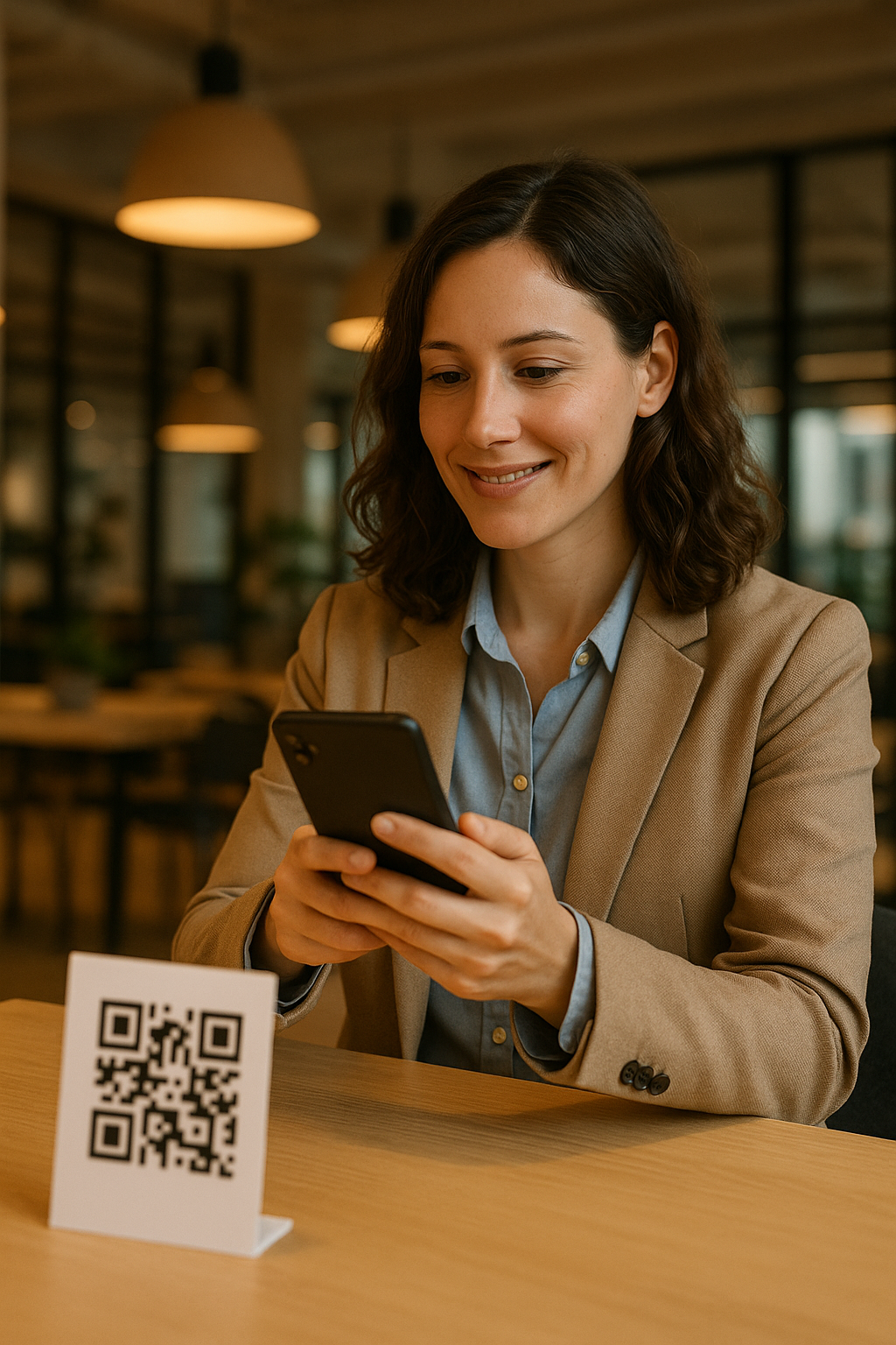 Professional woman scanning QR code for engagement tracking