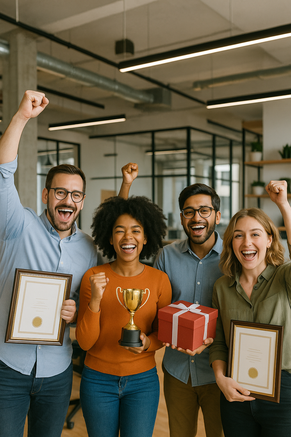 Team celebrating achievements and receiving rewards in coworking space