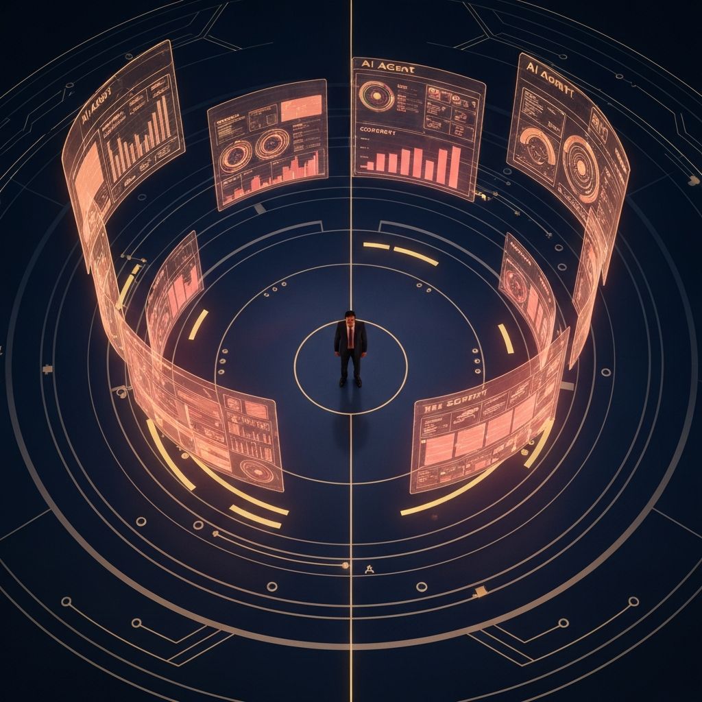 Un dirigeant supervisant un panneau de contrôle holographique d'agents IA, symbolisant la gouvernance humaine